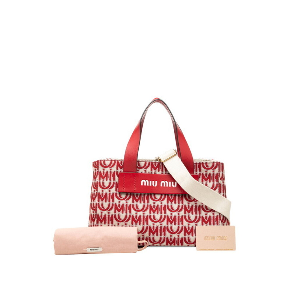 Miu Miu Miu Canapa Jacquard Handbag Shoulder Bag 2WAY 5BA085 Red Canvas Leath... - Picture 6 of 6